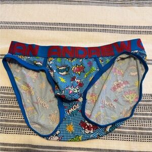 Andrew Christian Blue Comic Pop-Print Brief with Red Waistband